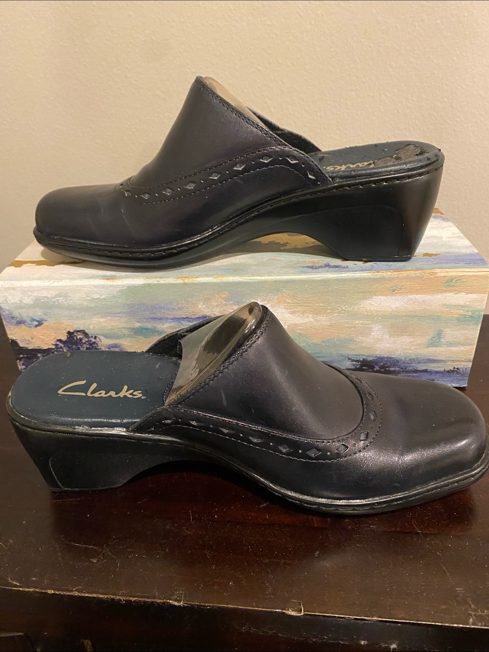 Clarks Black Leather Slip-On Mules for Women
